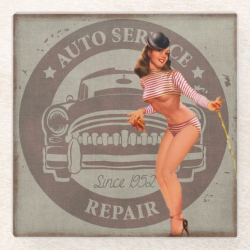 Glass COASTER _ Retro 1950s Auto Repair Pinup Girl