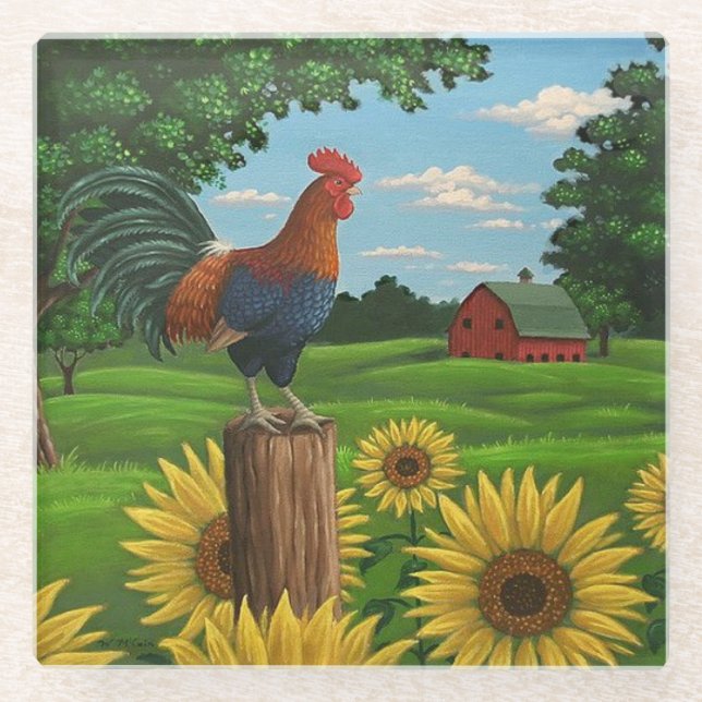 Glass Coaster/Rooster and Sunflowers Coaster (Front)