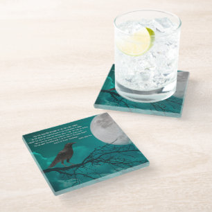 Glass Coaster The Raven In Green With Poe Poem