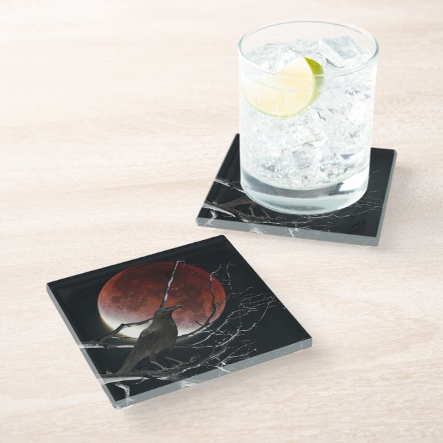 Glass Coaster, The Raven In Red and Black Glass Coaster (Angled)