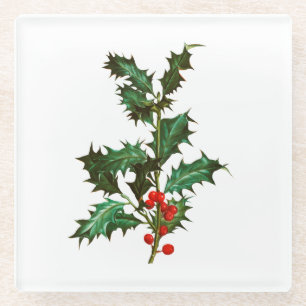 GLASS COASTER : VINTAGE CHRISTMAS HOLLY