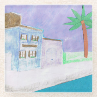 Glass Coaster with Caribbean village design
