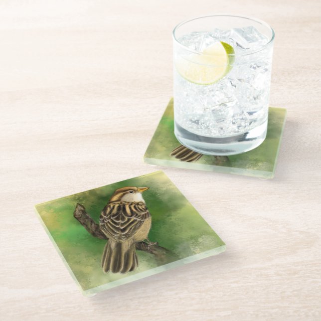 Glass Coaster with Cute Sparrow (Angled)