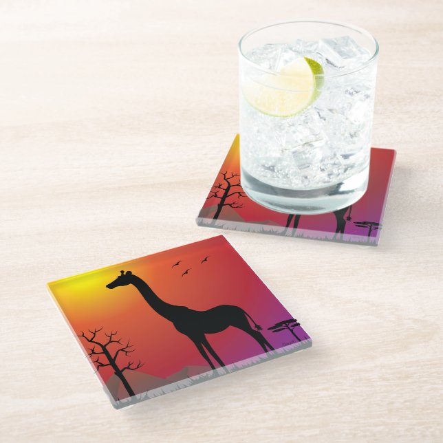 Glass coaster with giraffe in sunset theme. (Angled)