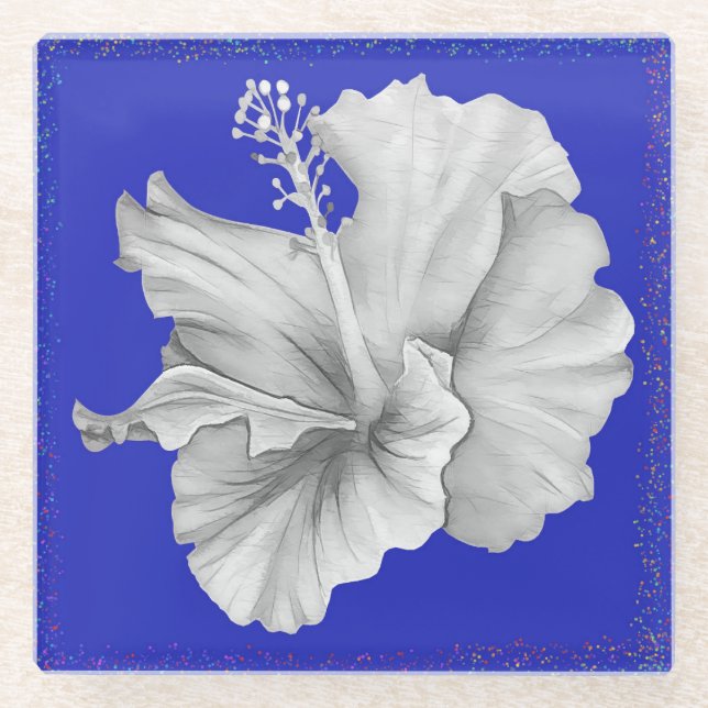 Glass Coaster with Hibiscus on Blue Background (Front)