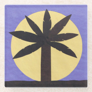 Glass Coaster with Palm Tree and Full Moon Design