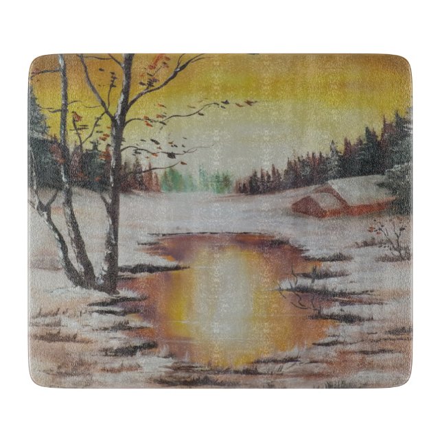 Glass Cutting Board Ann Hayes Painting Winter Scen (Front)