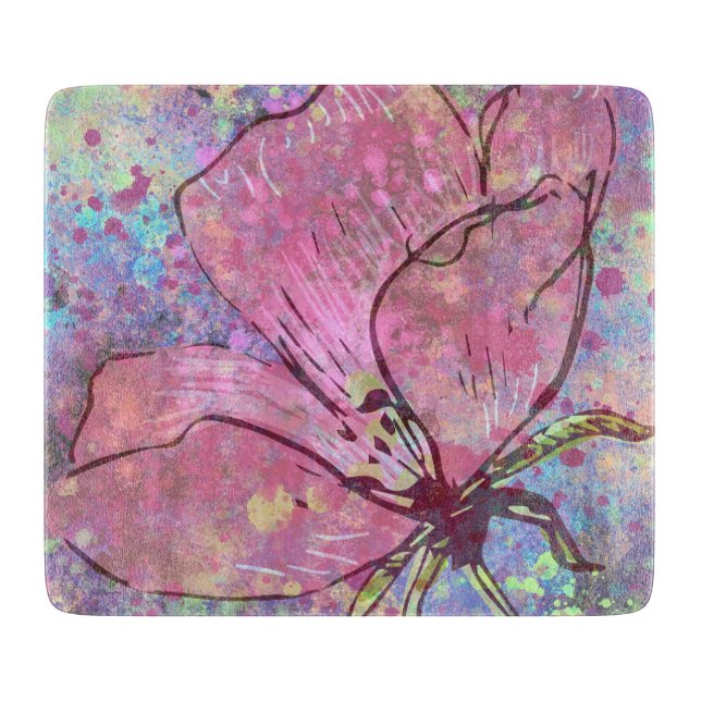 Glass Cutting Board Pink Flower (Front)