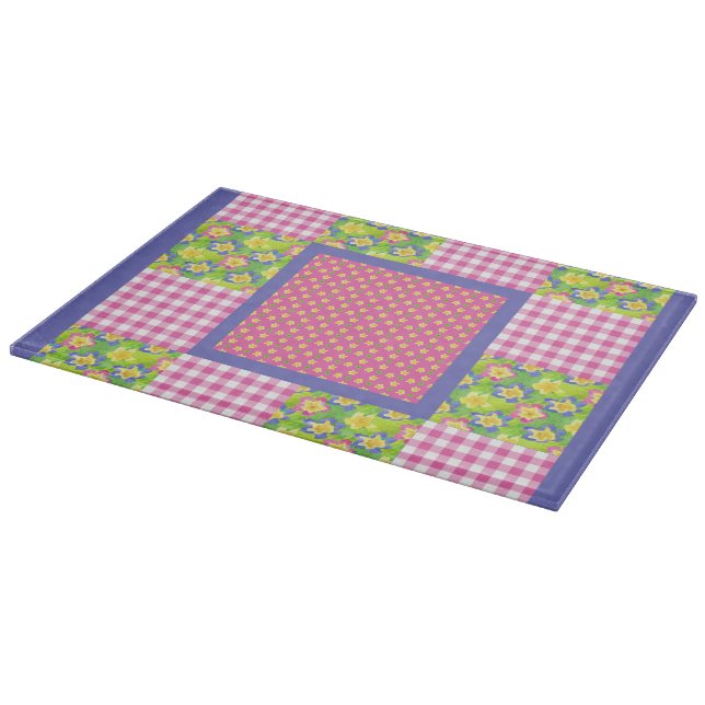 Glass Cutting Board: Pink Primroses Polkas Gingham Board (Corner)