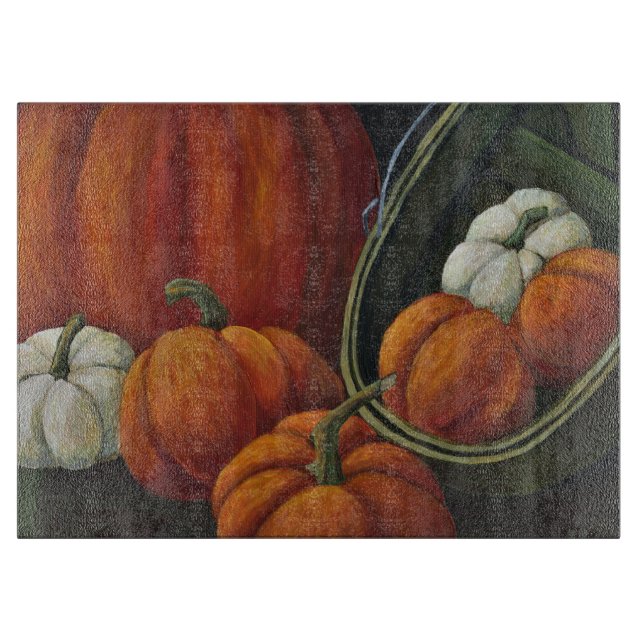 Glass Cutting Board Pumpkins & Green Basket (Front)