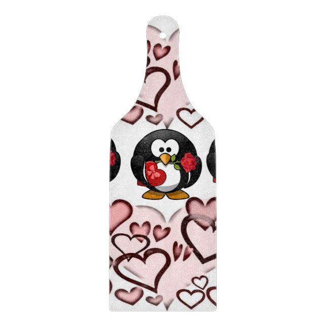 Glass Cutting Board Valentine's Day Penguin (Front)
