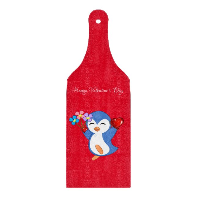 Glass Cutting Board Valentine's Day Penguin Hearts (Front)