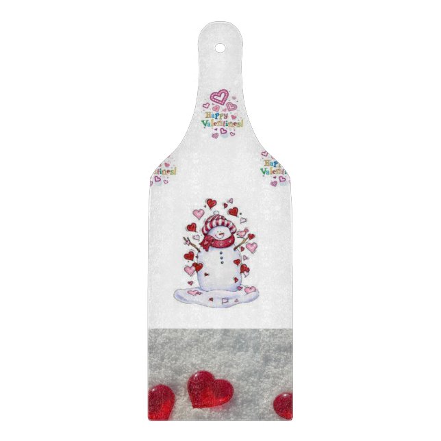 Glass Cutting Board Valentine's Day Snowman (Front)