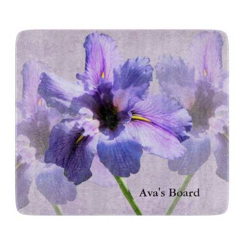 Glass Cutting Board with Blue Irises