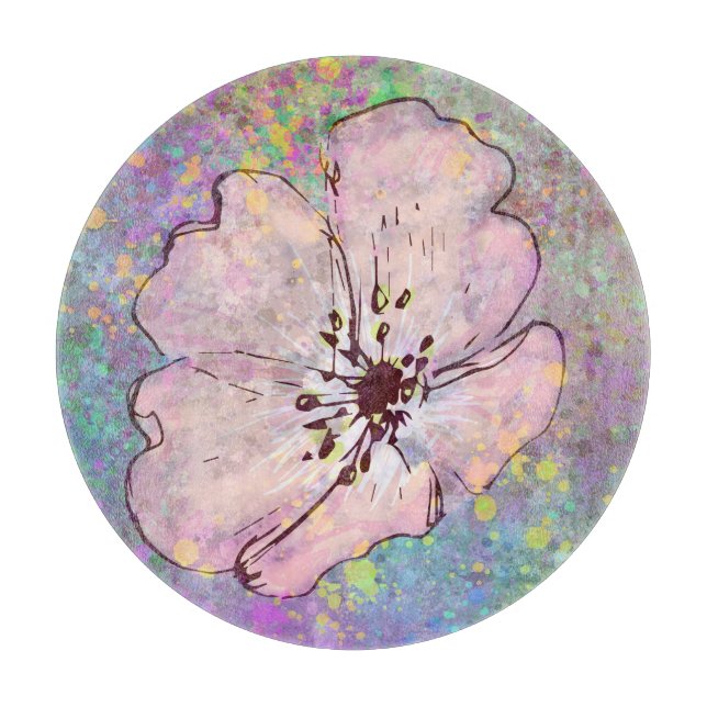 Glass Cutting Board with Paint Splatter & Flower (Front)