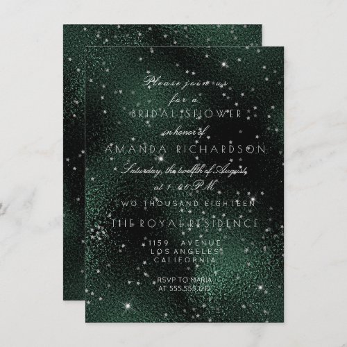 Glass Deep Green Silver Stars Bridal Bachelorette Invitation