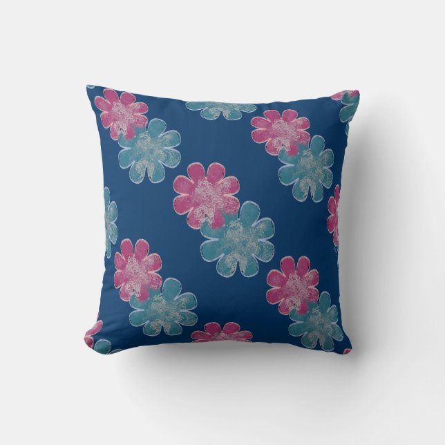 Glass Effect Flowers (pink/teal/navy) Throw Pillow (Front)