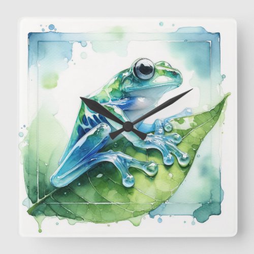 Glass Frog Reflection AREF315 _ Watercolor Square Wall Clock