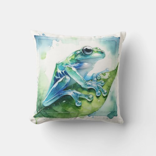 Glass Frog Reflection AREF315 _ Watercolor Throw Pillow