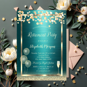 Glass Gold Glitter Green Metallic Retirement Invitation