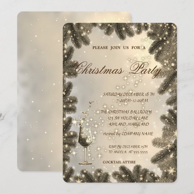 Glass,Gold,Tree Branches,Corporate Christmas Party Invitation (Front/Back)