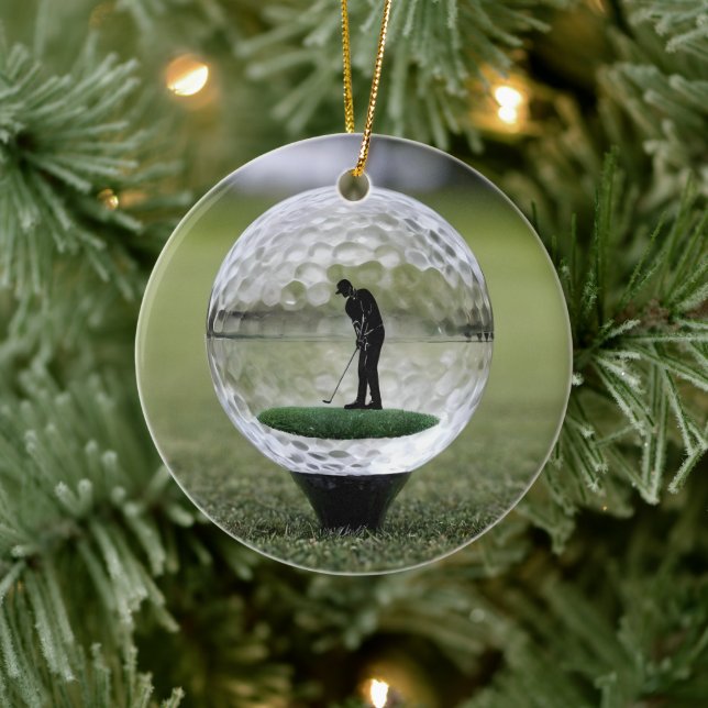 Glass Golf Ball With Golf Player Inside, Ceramic Ornament (Tree)