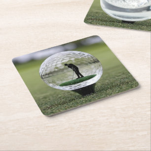 Glass Golf Ball With Golf Player Inside, Square Paper Coaster
