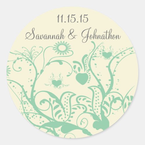 Glass Green Love Bird Swirls  Wedding Stickers