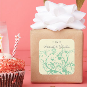 Glass Green Love Bird Swirls  Wedding Stickers
