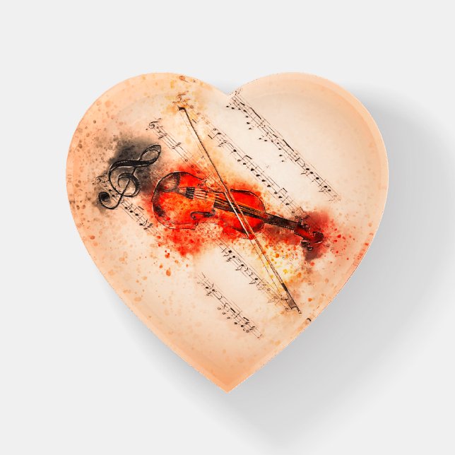 Glass Heart Shaped Violin Sheet Music Paperweight (Front)