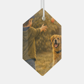 Glass Hexagon Ornament – Boy and Dog Autumn Play
