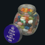 Glass Jars<br><div class="desc">Based on the original Keep Calm and ... poster this cream and blue Keep Calm and Party On Glass Jar features a custom designed font that matches the original closely.</div>