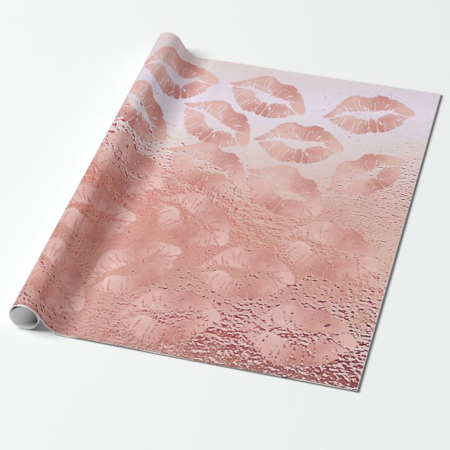 Glass Kiss Lips Makeup Blush Pink Rose Gold Wrapping Paper (Unrolled)