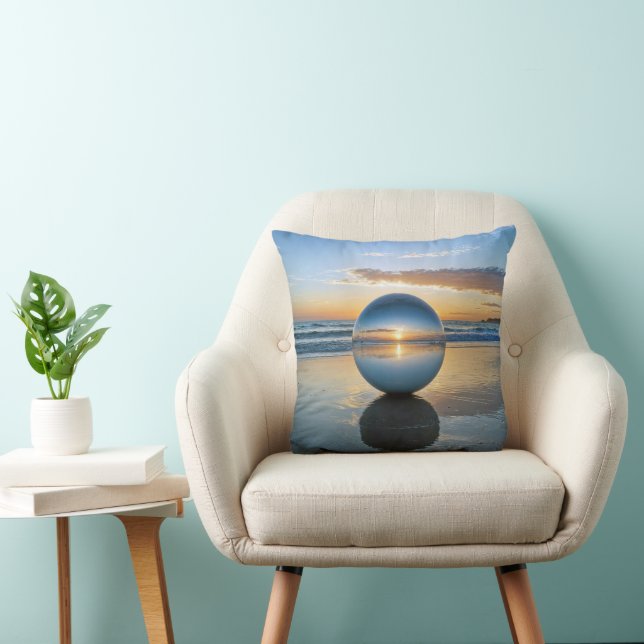 Glass Lens Ball On a Sunrise Beach Throw Pillow (Chair)