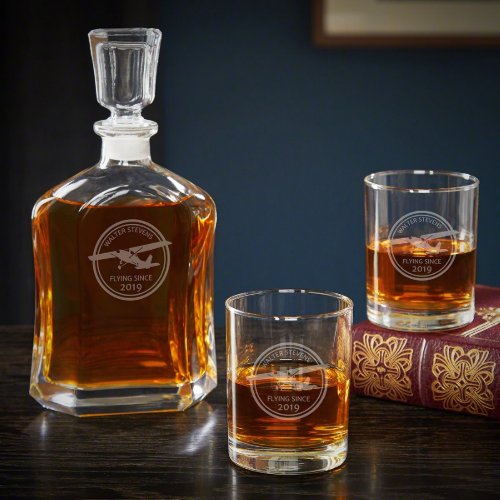 Glass Liquor Decanter w Aviation Whiskey Glasses