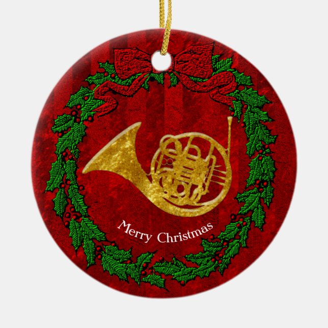 Glass Look Gold French Horn Personalize Ceramic Ornament (Front)