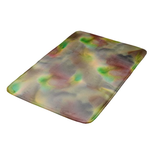 Glass look in red and lime green on shades of gray bath mat (Angled)