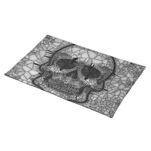 Glass Mosaic Skull, black white Cloth Placemat