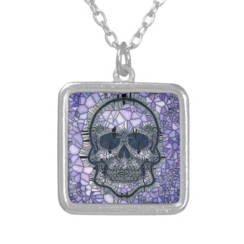 glass mosaic skull blue silver plated necklace