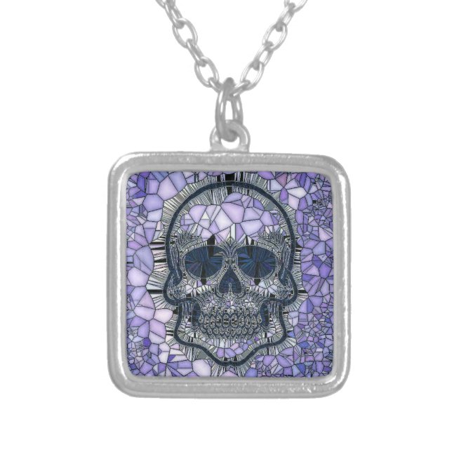 glass mosaic skull, blue silver plated necklace (Front)