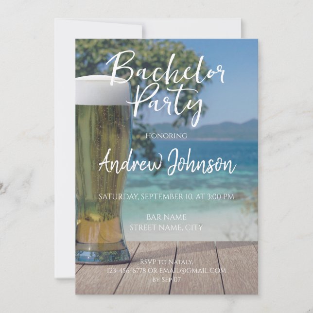 Glass of light beer on beach invitation (Front)