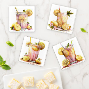 GLASS OF PINK LEMONADE WITH LEMON SLICES COASTER SET