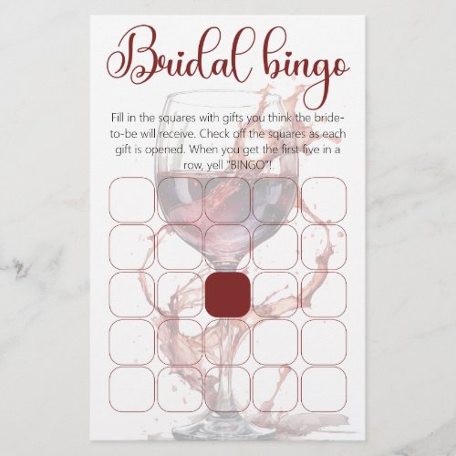 Glass of red wine Bridal Shower bingo game