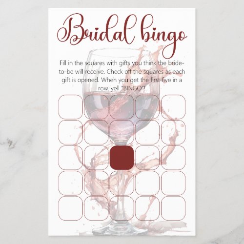 Glass of red wine Bridal Shower bingo game