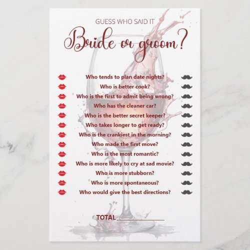 Glass of red wine Bridal Shower Game