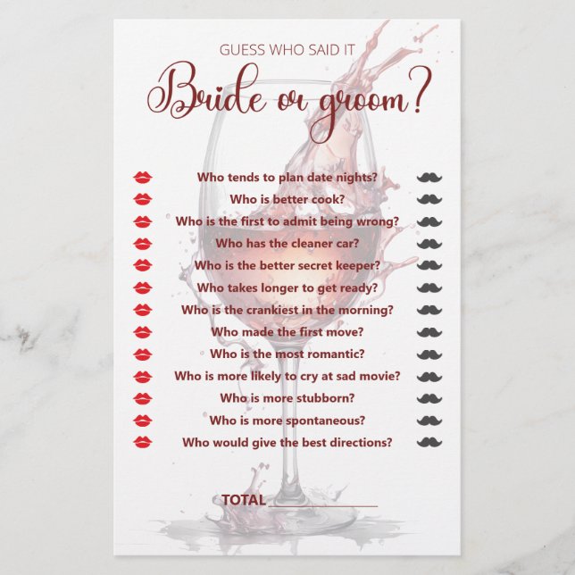 Glass of red wine Bridal Shower Game (Front)