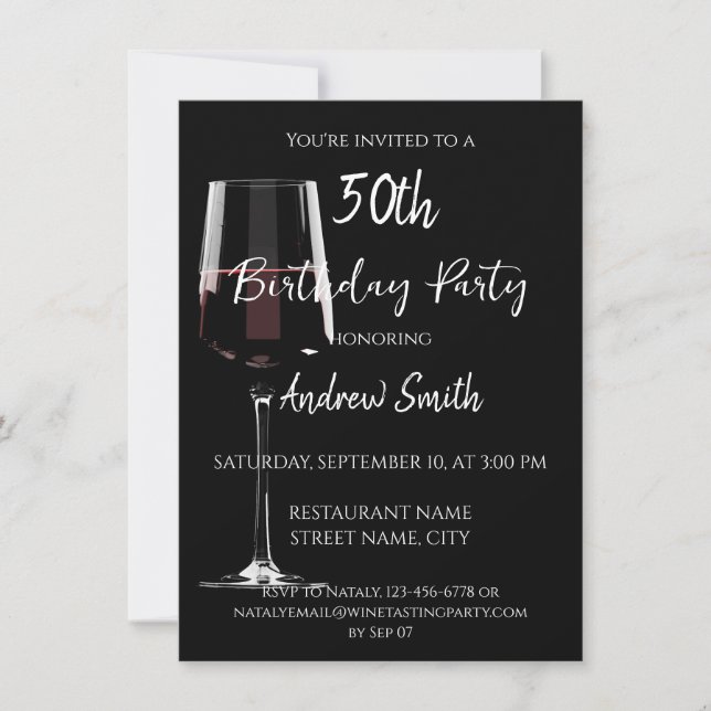Glass of red wine on black invitation (Front)