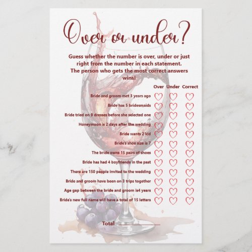 Glass of red wine Over Under Bridal Shower Game