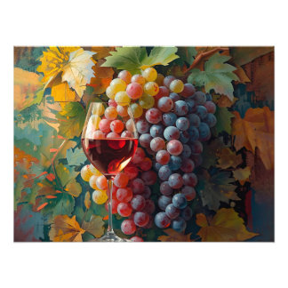 Glass of Red Wine with Grapes and Leaves Photo Print