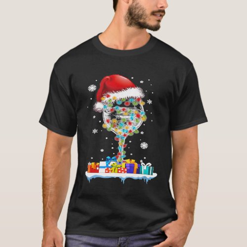 Glass Of Wine Christmas Lights Santa Hat Xmas T_Shirt